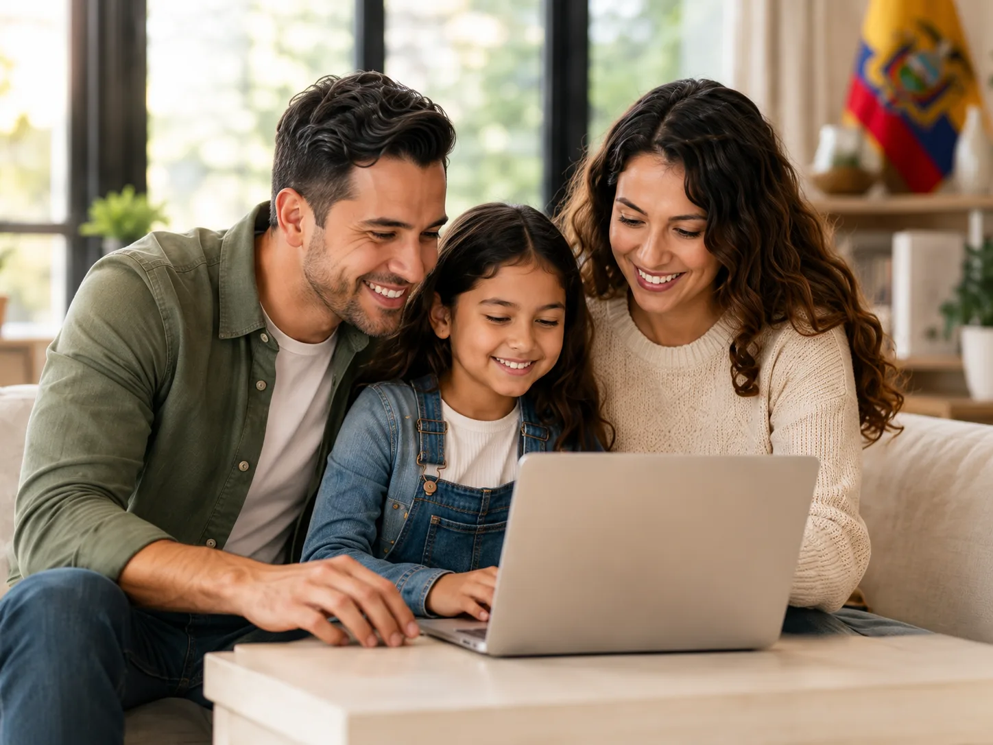 Familia hondureña preparando su trámite consular con el ordenador